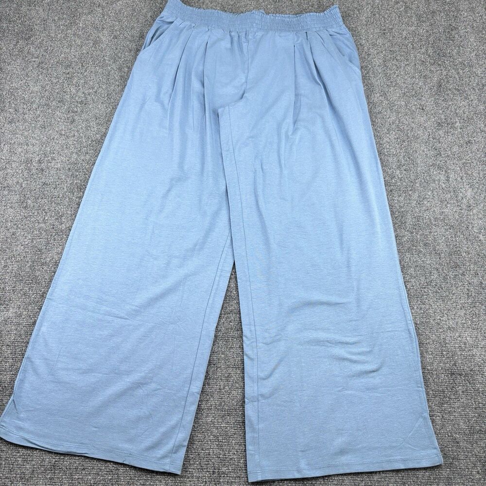 AnyBody Pants M Light Blue Wide Leg Palazzo Smocked Waist Pleat Pocket